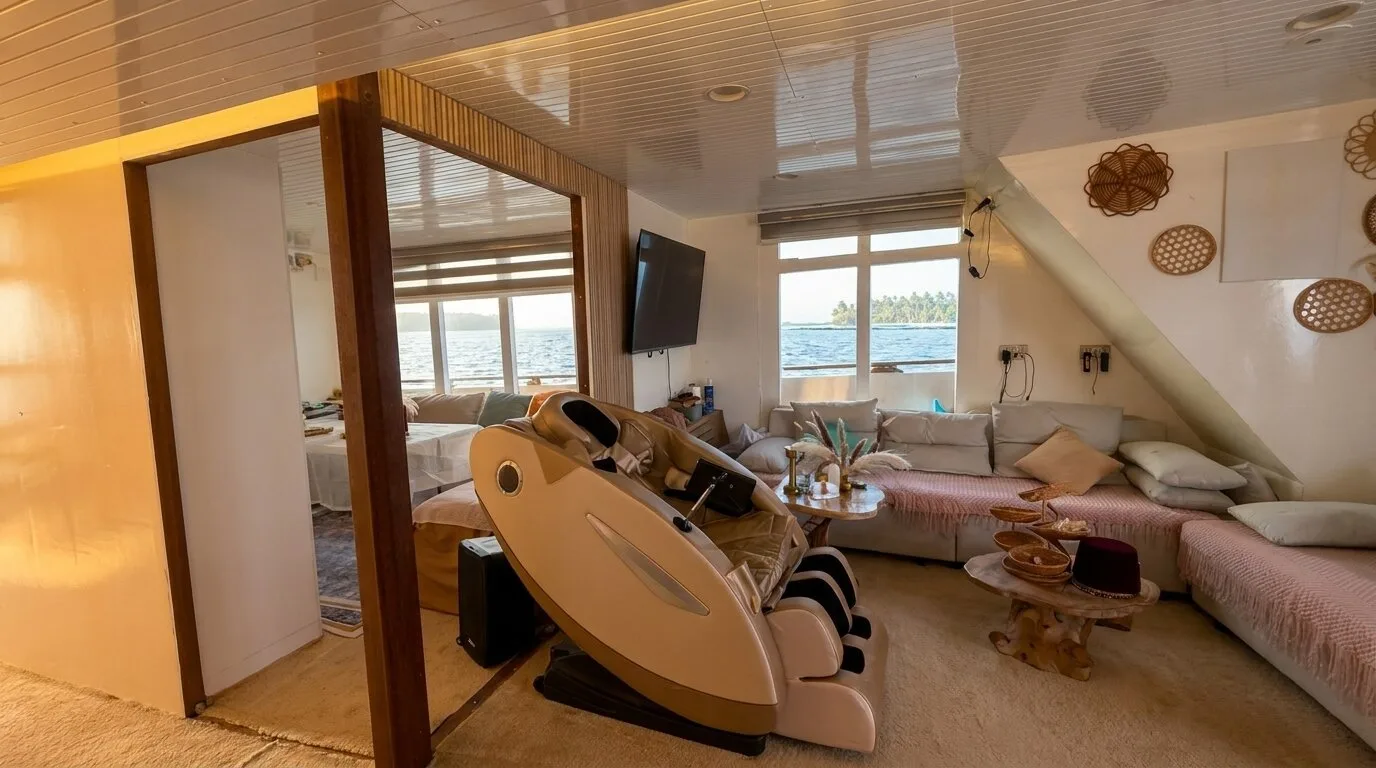 Luxury Yacht Lounge Maldives | Atoll Villa Modern luxury indoor lounge aboard Atoll Villa featuring elegant seating, entertainment, and panoramic sea views.