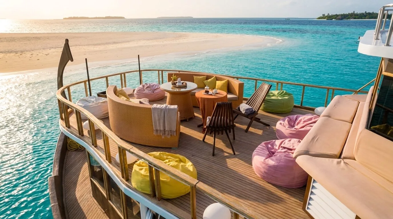 Outdoor Sun Lounge on a Luxury Yacht | Atoll Villa Maldives Spacious outdoor sun lounge aboard Atoll Villa featuring comfortable sunbeds, panoramic ocean views, and the perfect space to relax under the tropical Maldivian sun.