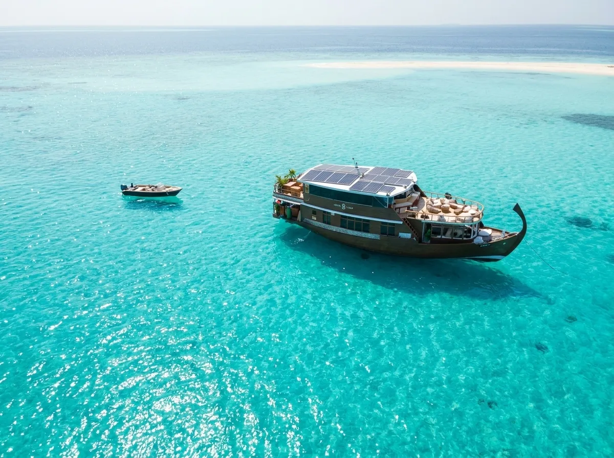Atoll Villa cruising a Maldivian lagoon at golden hour