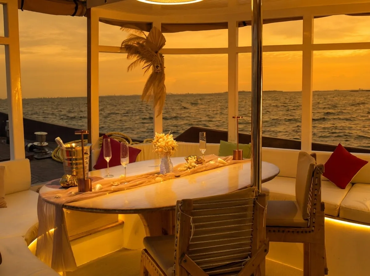Private chef dining table set on the aft deck of a Maldives luxury yacht